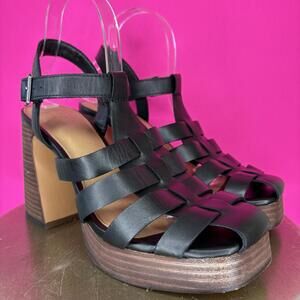 Crown Vintage Farlie Black Woven Strappy Leather Platform Heeled Sandal US 9